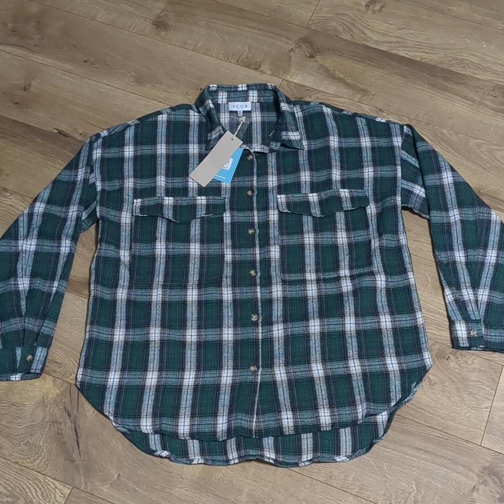 ACOA Womens Oversized Flannel shacket green white Size Medium NWT